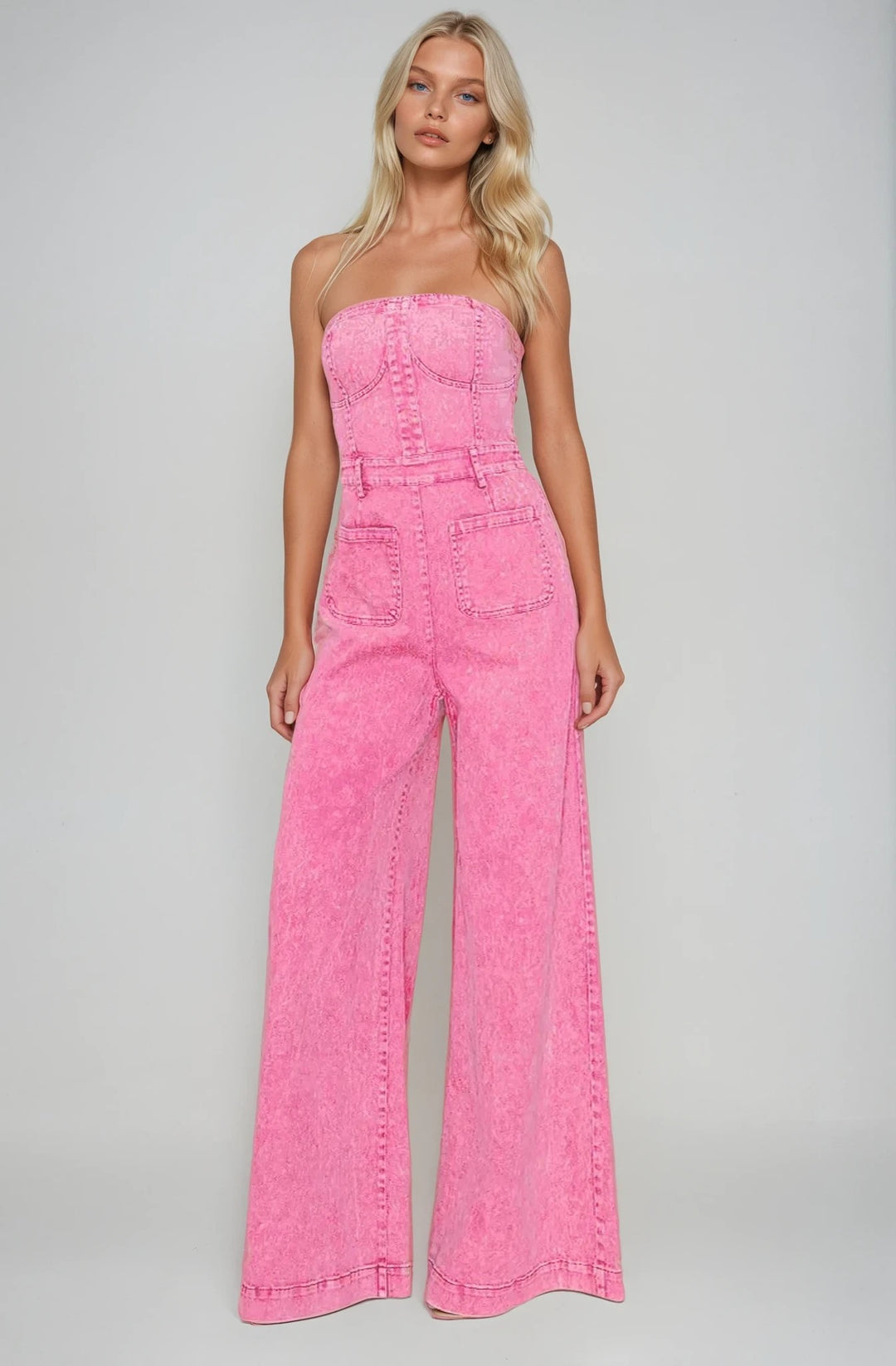 Deep Pink Mineral Wash Strapless Wide Leg Denim Jumpsuit