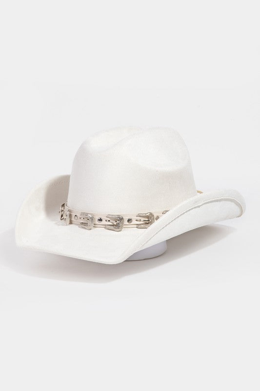Ivory Faux Suede Belt Strap Cowboy Hat