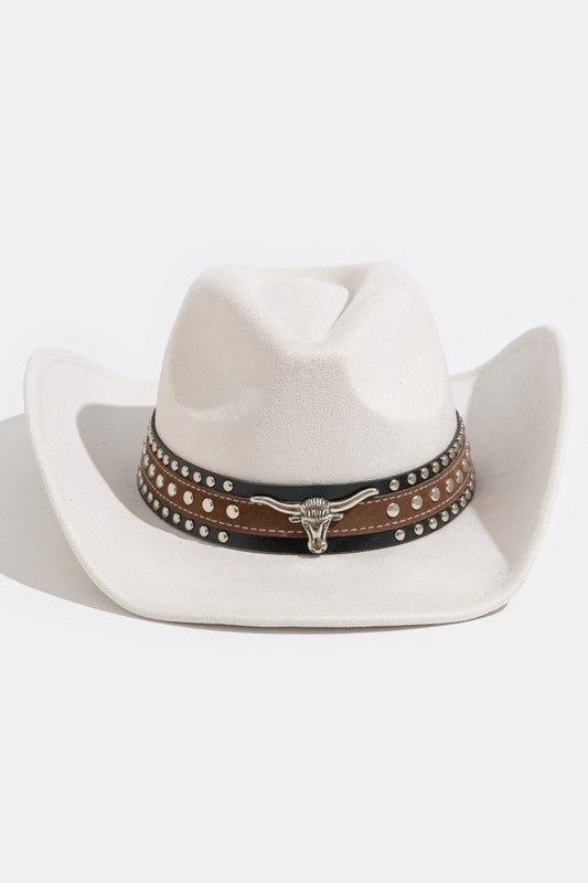 Ivory Western Cowboy Hat with Bull Emblem