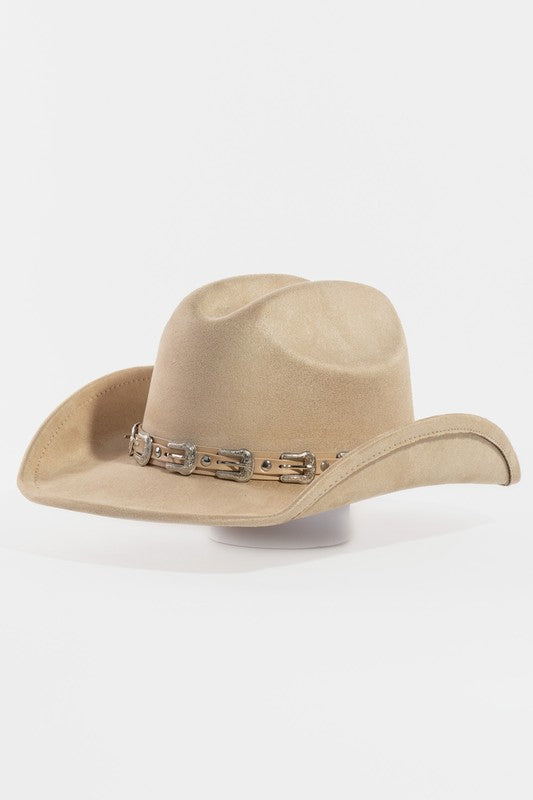 Khaki Faux Suede Belt Strap Cowboy Hat