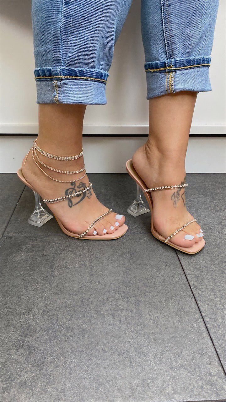 Casual Nude Embellished Mules - Ivy Heel