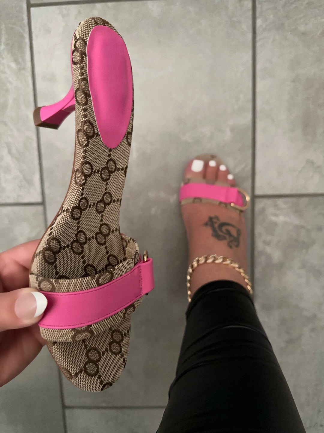 Pink and Brown Heels with Monogram Print