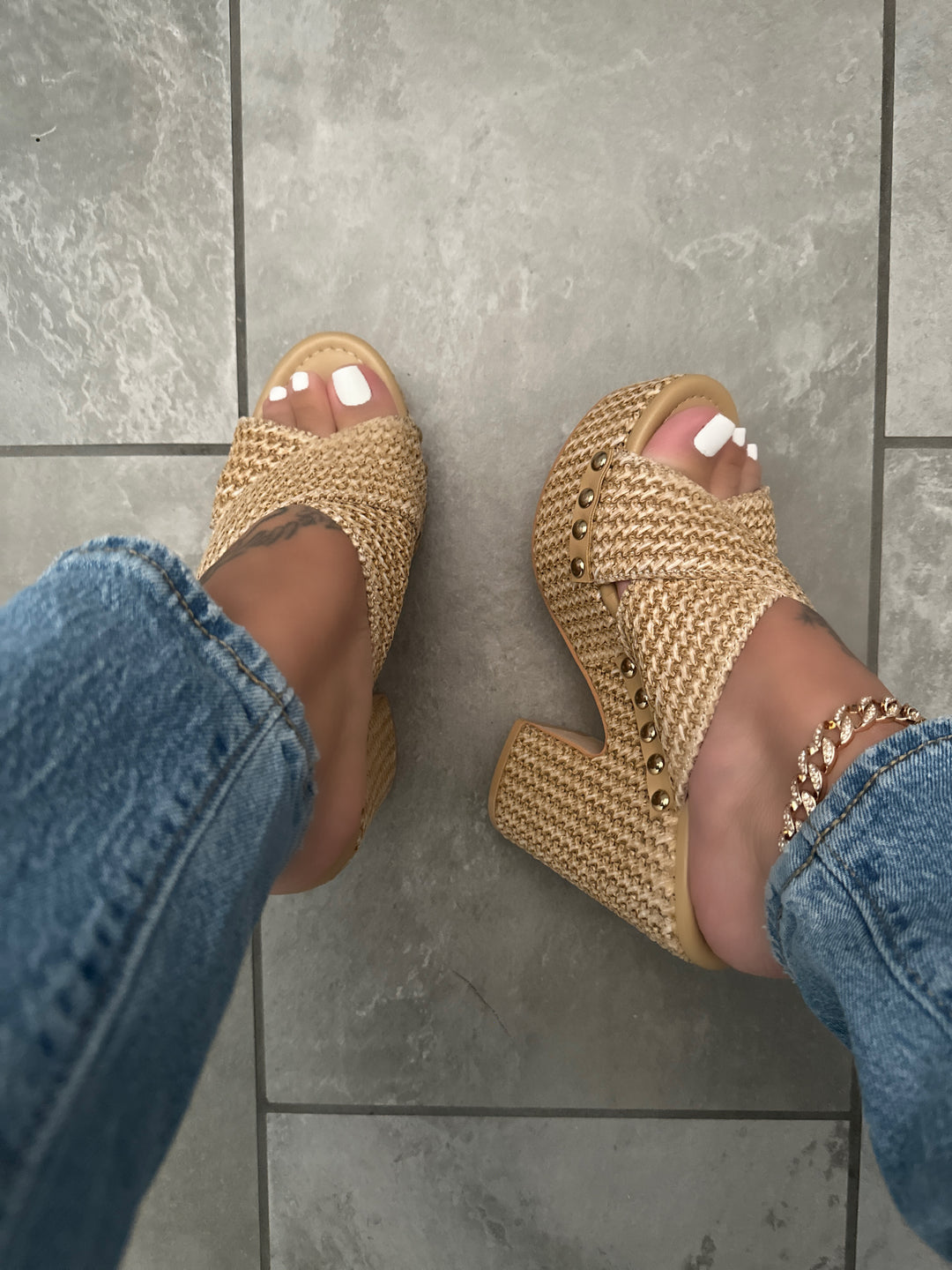 Natural Woven Criss Cross Raffia Platform Heel Sandals- Andreza