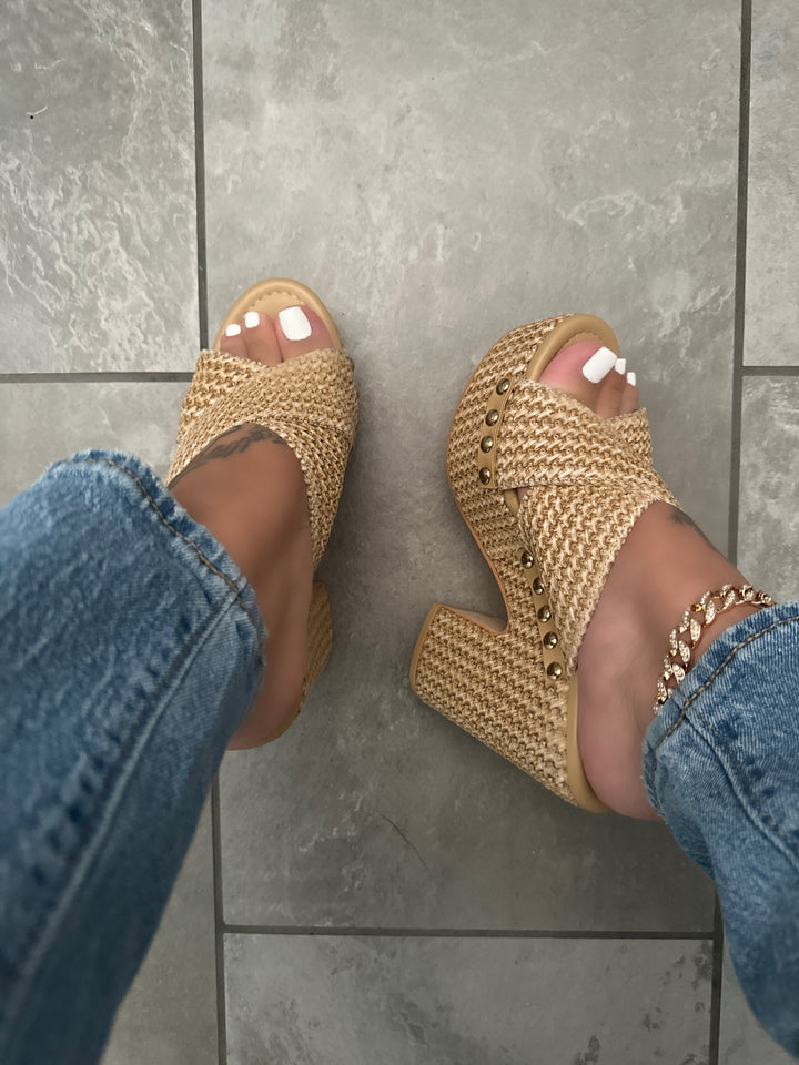 Natural Woven Criss Cross Raffia Platform Heel Sandals- Andreza