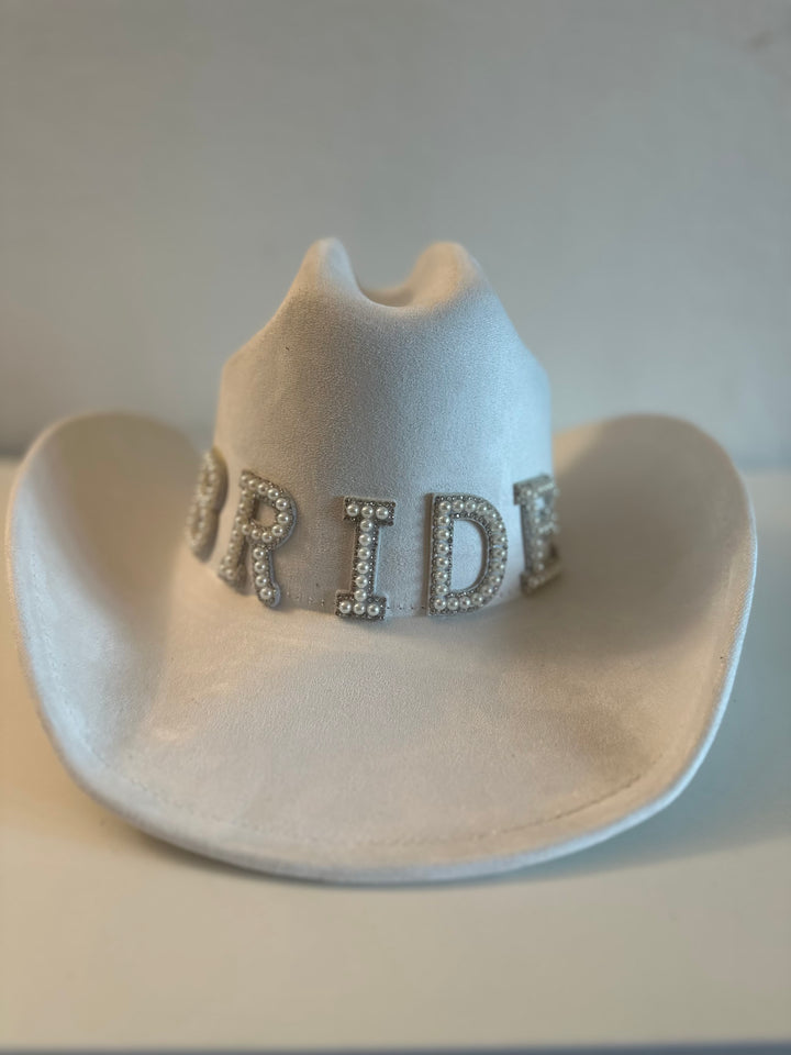 Ivory White Faux Suede Cowgirl Bride Hat with Pearl Detailed Letters