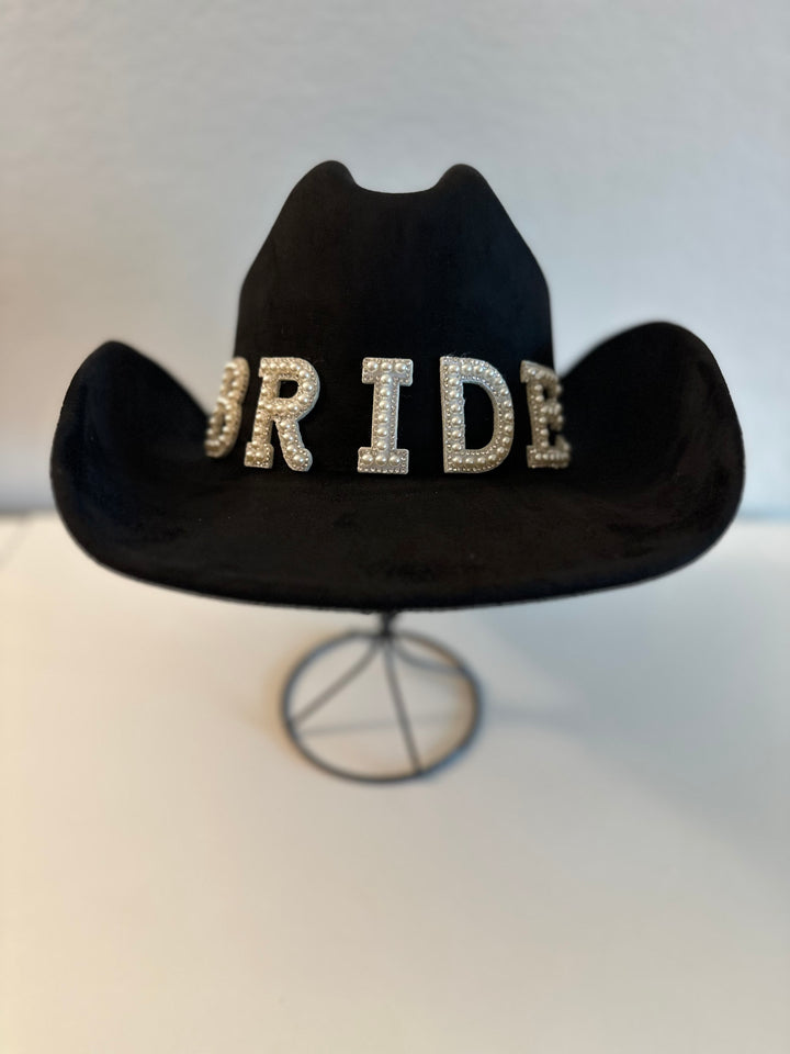 Black Faux Suede Cowgirl Bride Hat with Pearl Detailed Letters