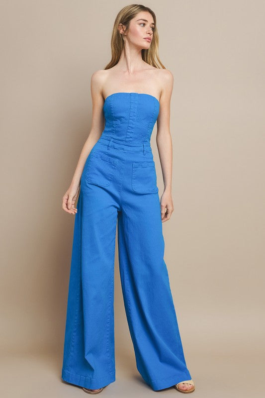 Cobalt Blue Strapless Bustier Denim Jumpsuit | Wide Leg Stretch