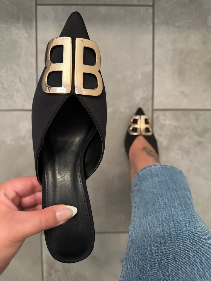 Black Pointed Toe Mule Heels - Alexia