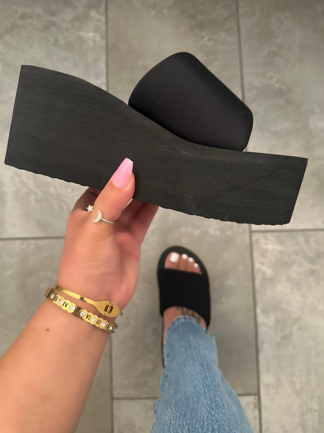 Black Platform Memory Foam Like Wedge Slide Sandals- Gladis
