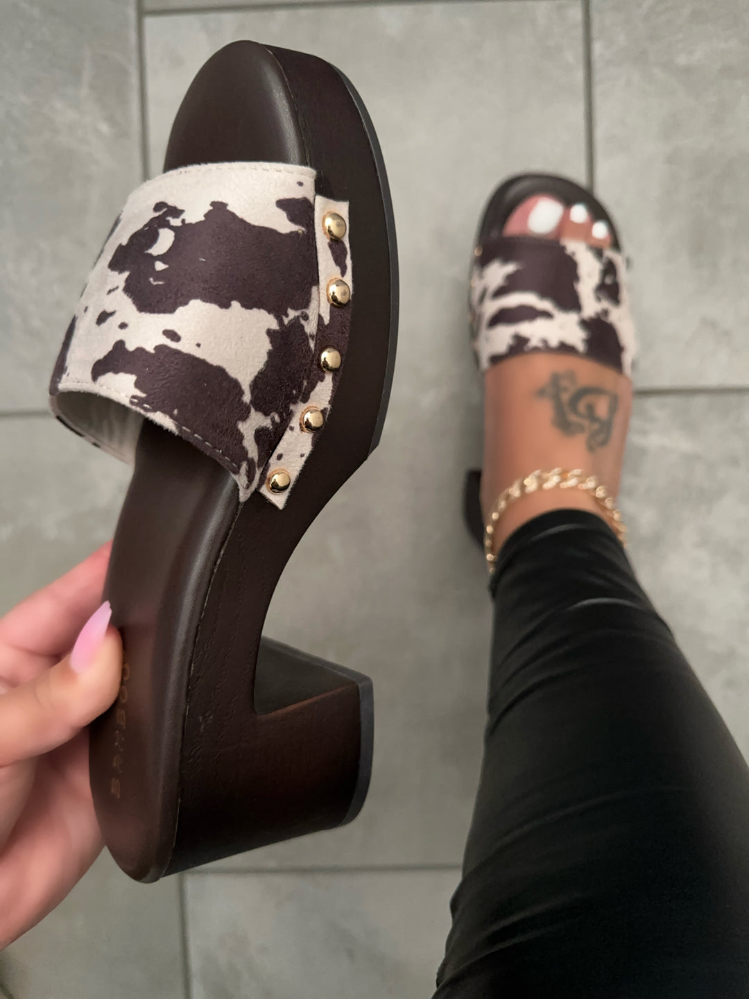 Cow Print Platform Clog Sandals- Anabella