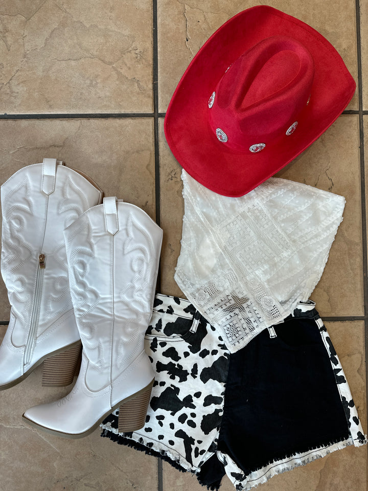 Western Color Block Denim Cow Print Shorts