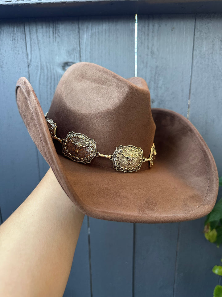 Brown Cowgirl Hat with Longhorn Concho Band