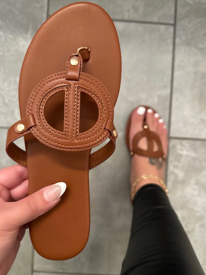Brown Cutout Medallion Thong Sandal - Terry