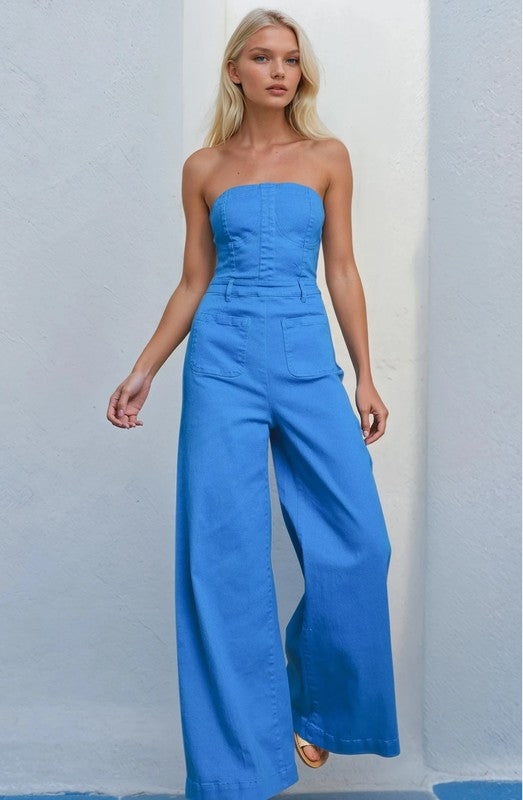 Cobalt Blue Strapless Bustier Denim Jumpsuit | Wide Leg Stretch