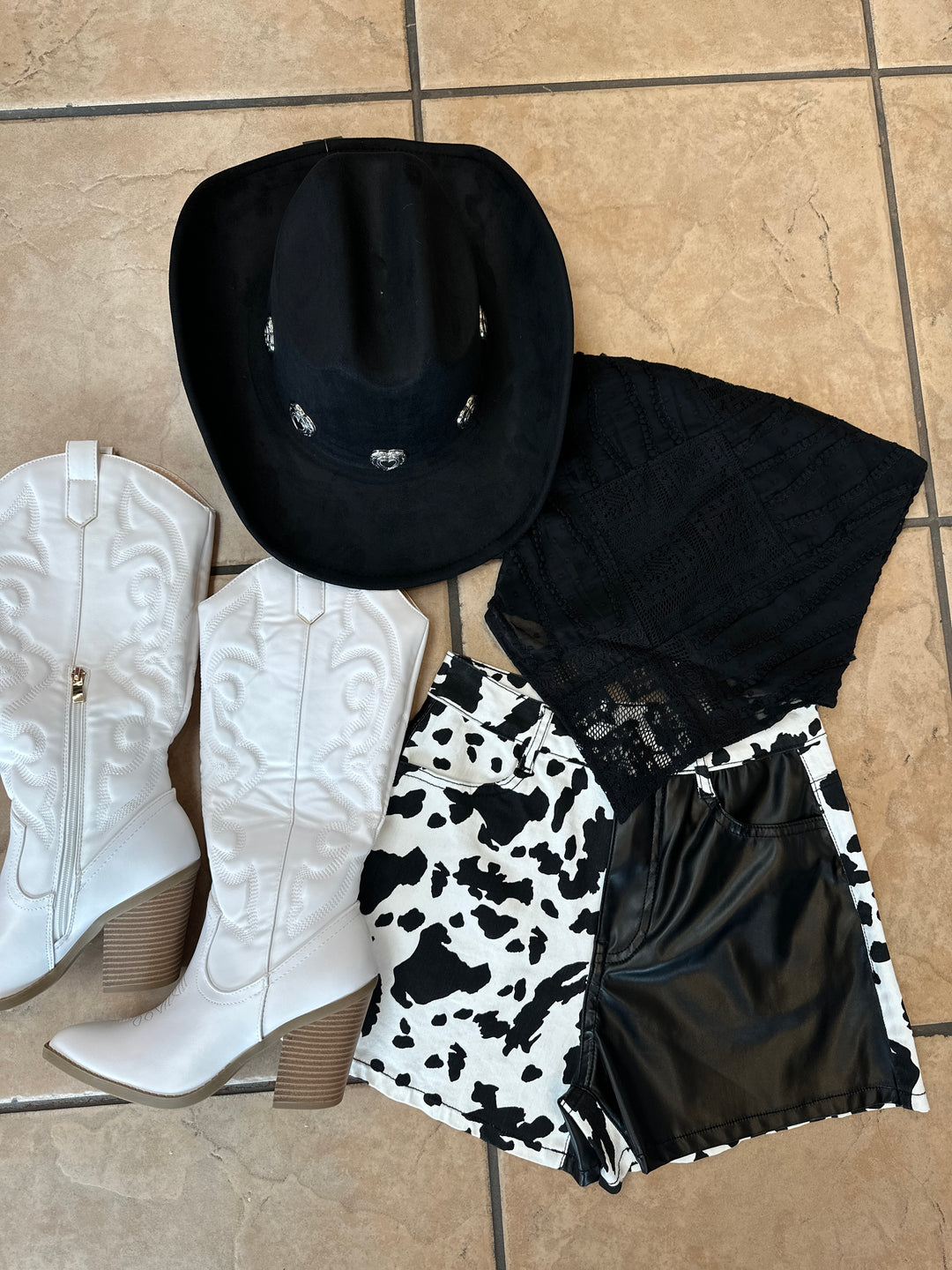 Western Color Block PU Cow Print Shorts