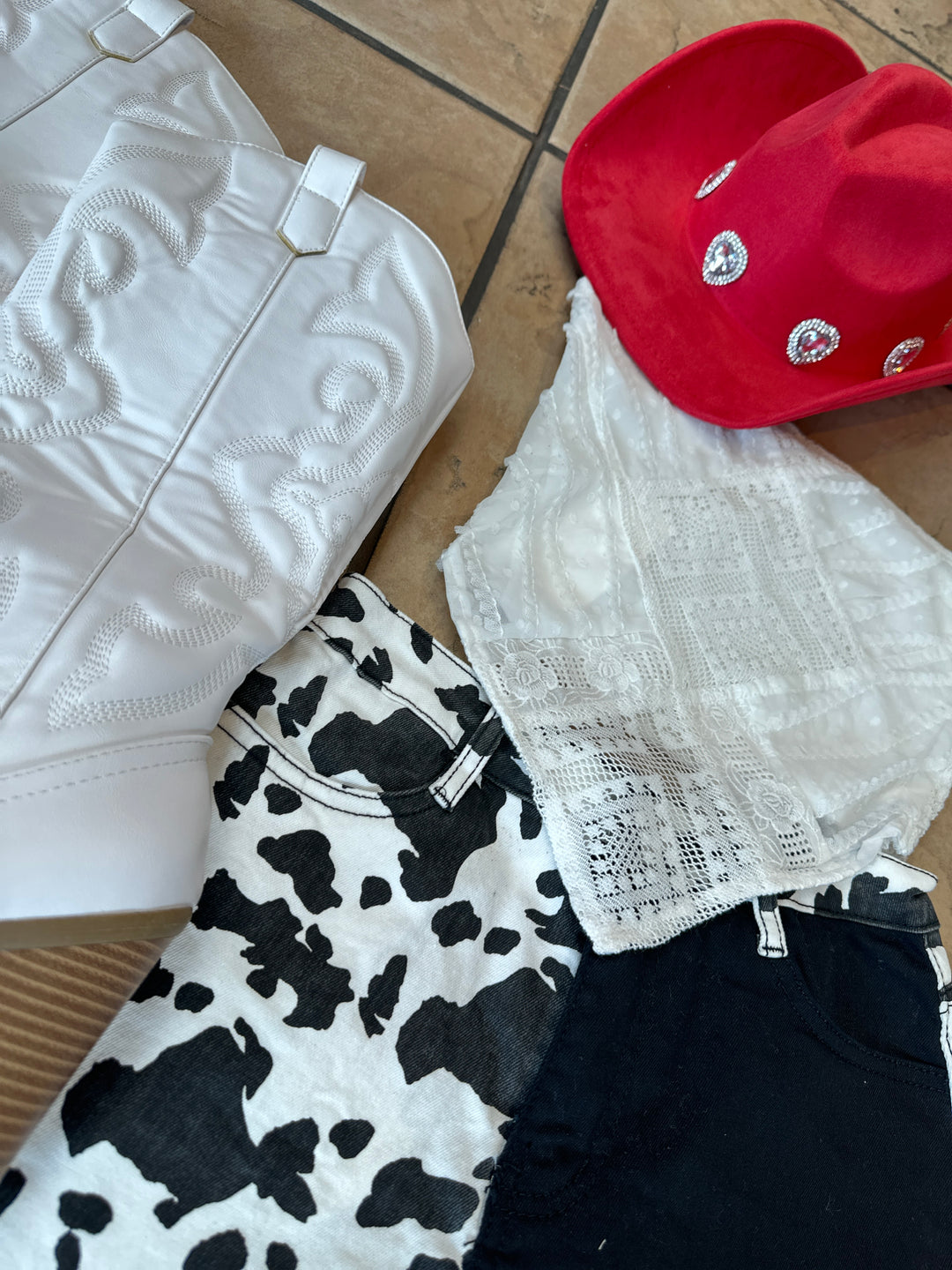 Western Color Block Denim Cow Print Shorts