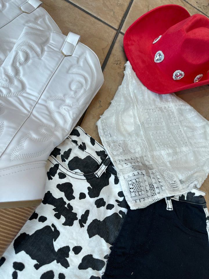 Western Color Block Denim Cow Print Shorts