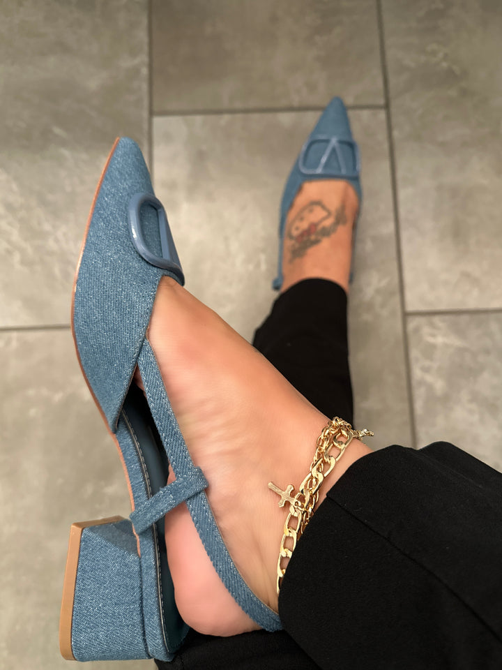 Denim Slingback Block Heel Shoes- Sunny