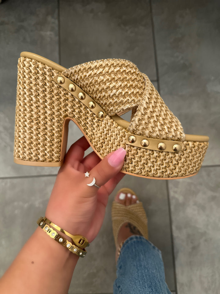 Natural Woven Criss Cross Raffia Platform Heel Sandals- Andreza