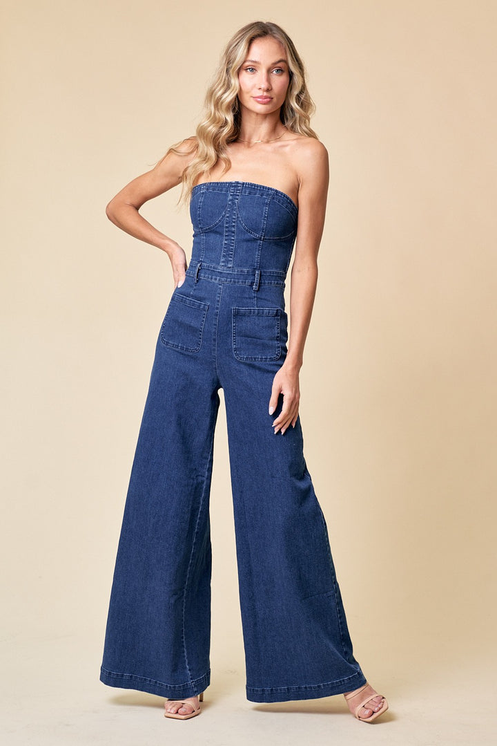 TUBE TOP DENIM JUMPSUIT WITH POCKETS AVAILABLE