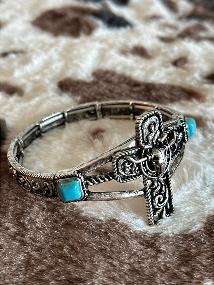 Western Cross Steer Skull Stretch Bracelet