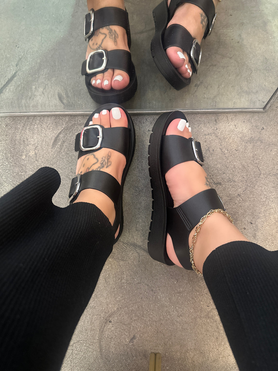 Black Double Buckle Platform Sandals- Myla
