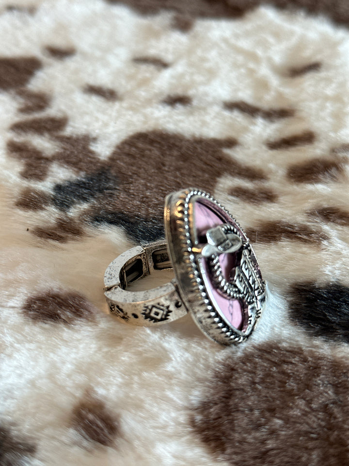 Western Style Cowboy Theme Pink Teardrop Ring
