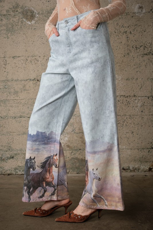 Western Horse Print Wide Leg Jeans
