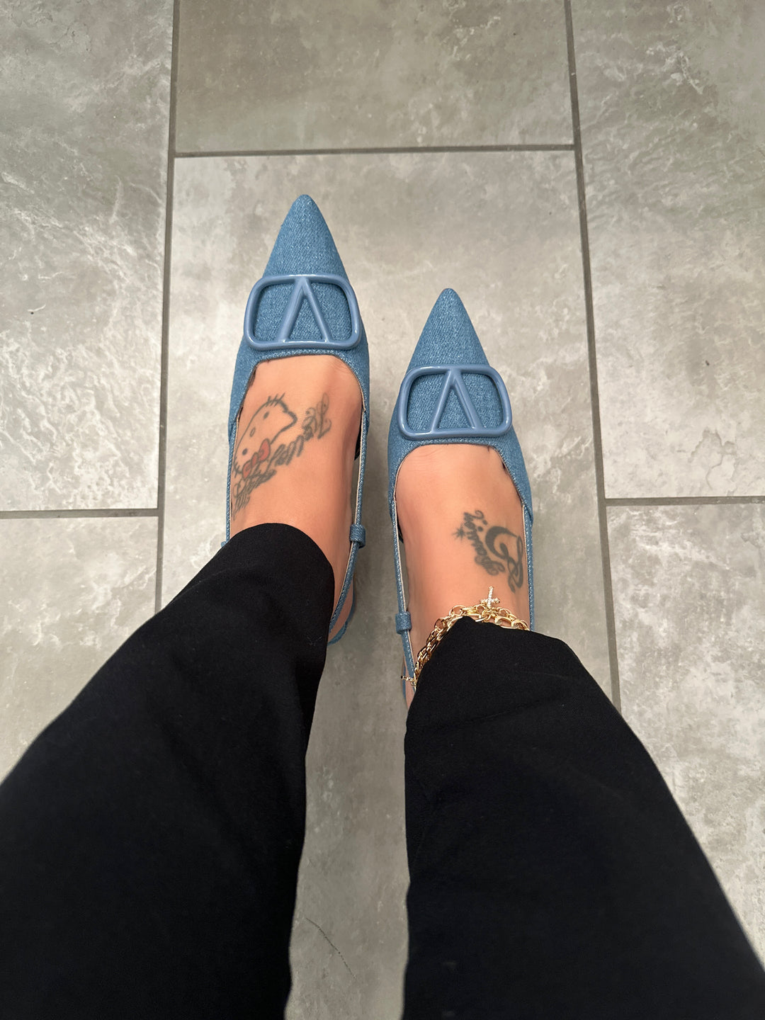 Denim Slingback Block Heel Shoes- Sunny