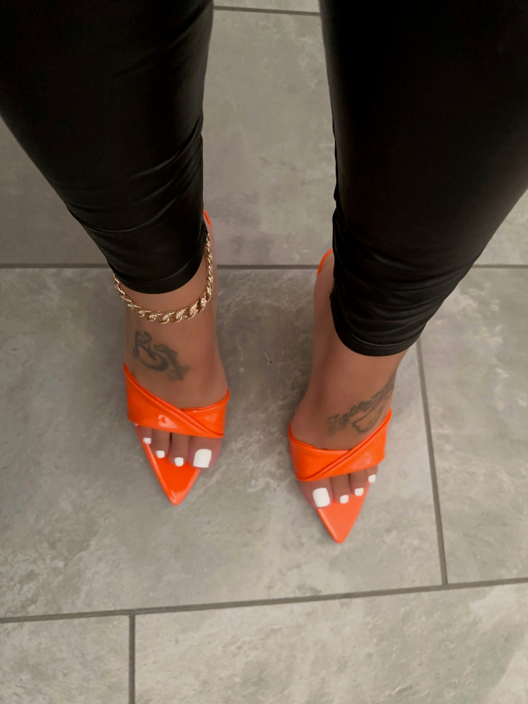 Bright Orange Patent Pointed Toe Mule Heels- Lynette