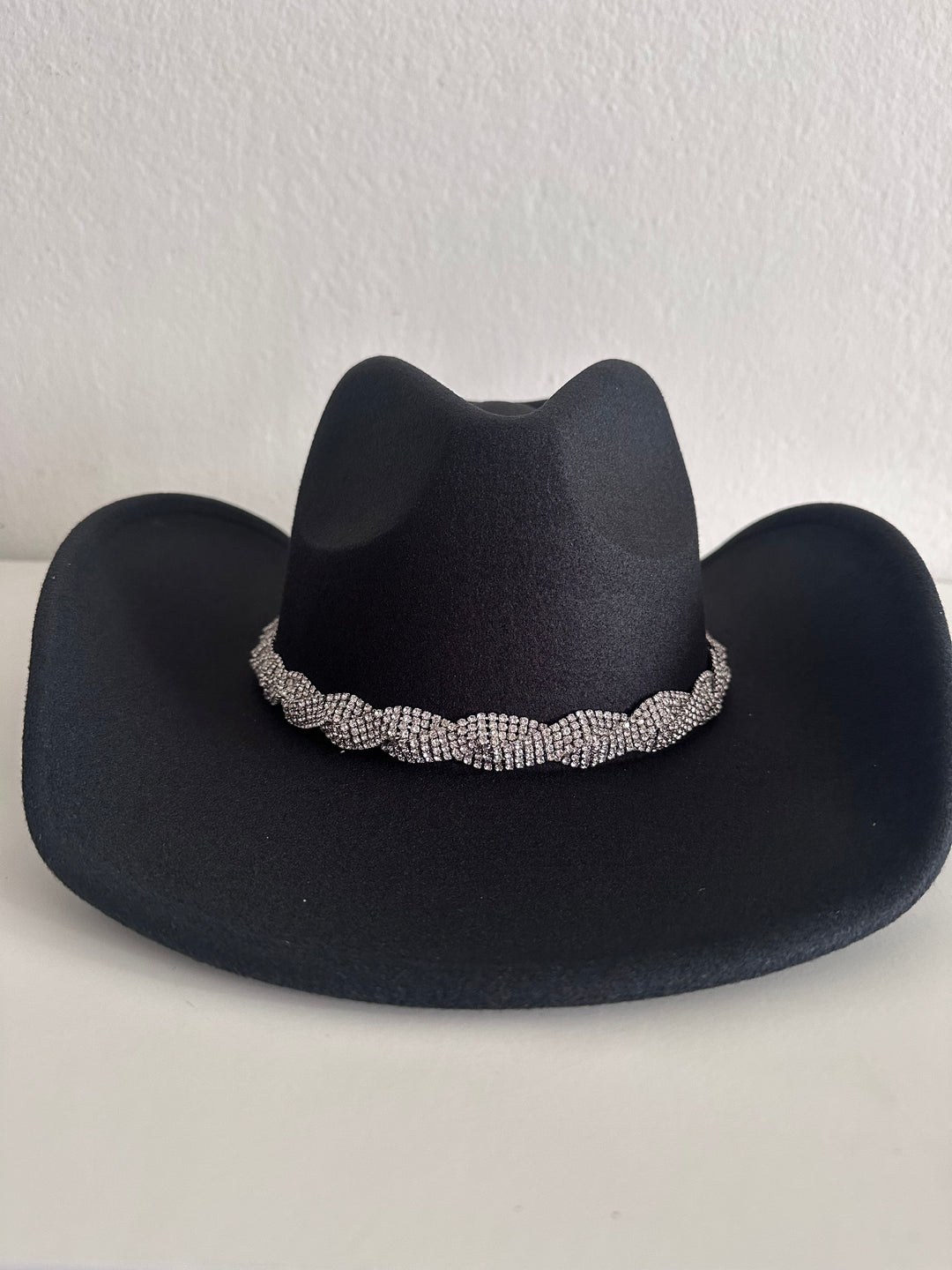 Black Cowboy Hat with Braided Silver Embellished Rhinestones Trim