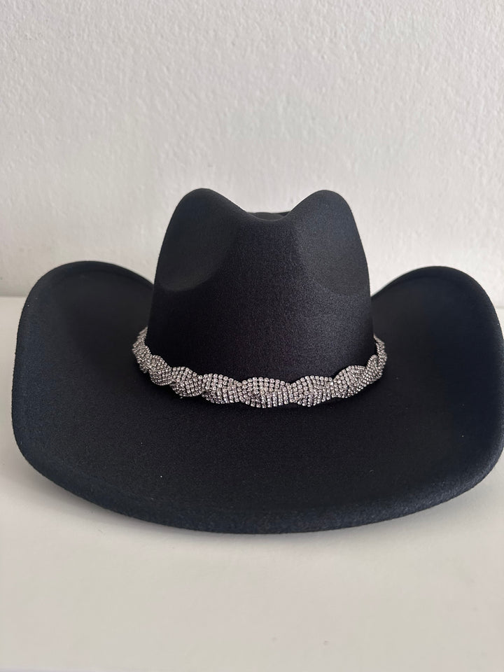 Black Cowboy Hat with Braided Silver Embellished Rhinestones Trim