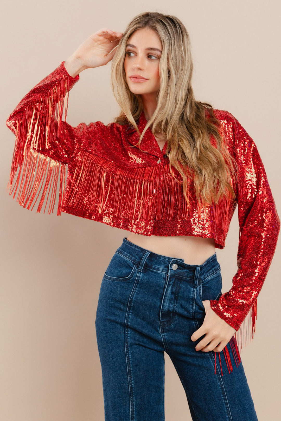 Red Sequins Fringe Jacket
