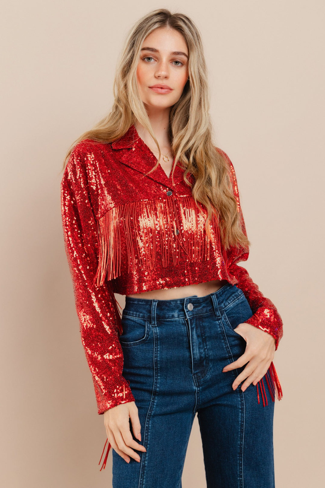 Red Sequins Fringe Jacket