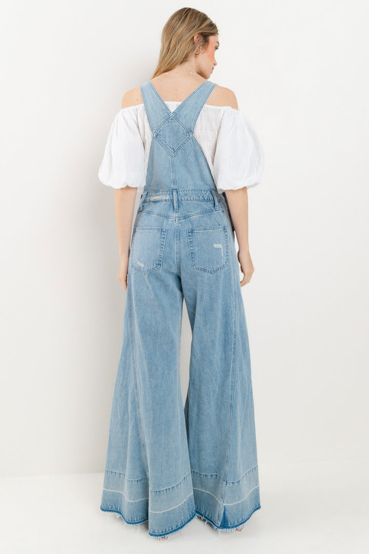 LIGHT DENIM WIDE LEG DISTRESSED BIB OVERALLS