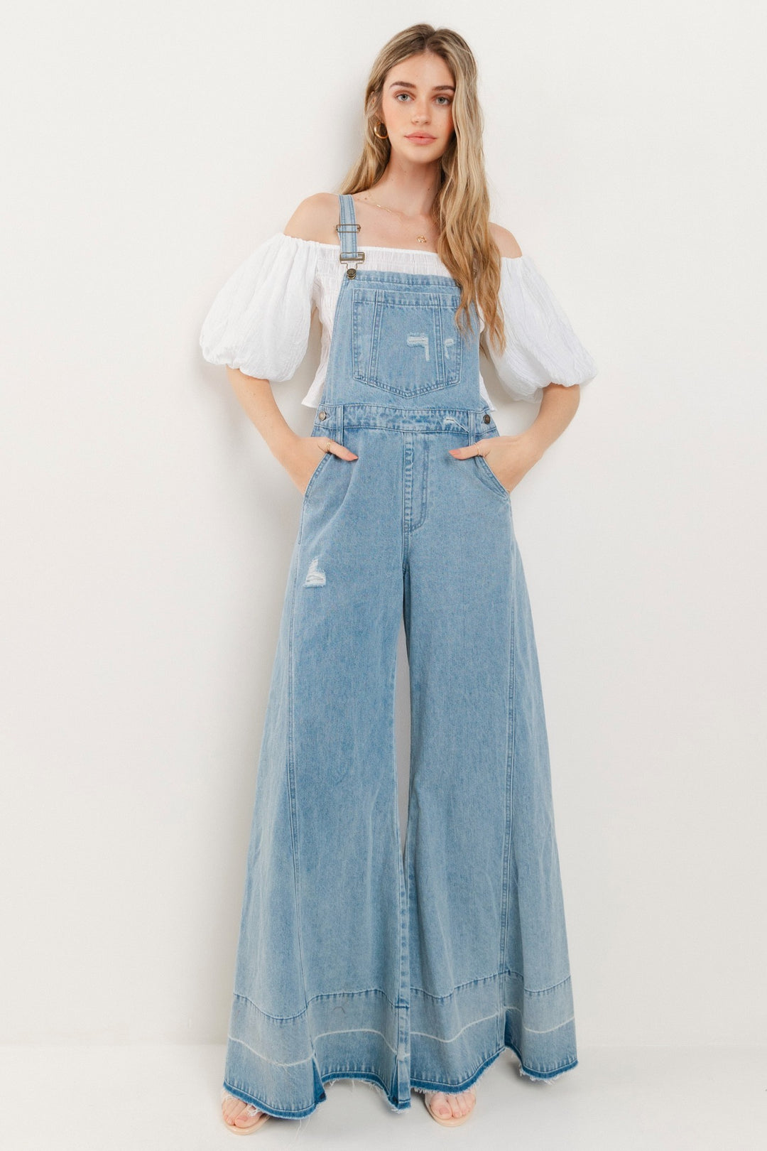 LIGHT DENIM WIDE LEG DISTRESSED BIB OVERALLS