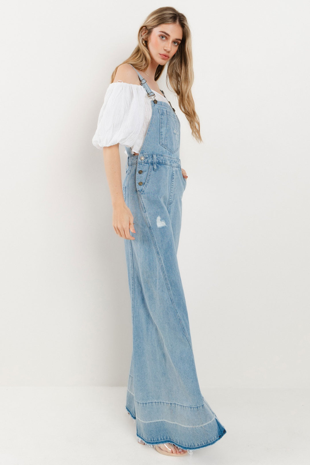 LIGHT DENIM WIDE LEG DISTRESSED BIB OVERALLS