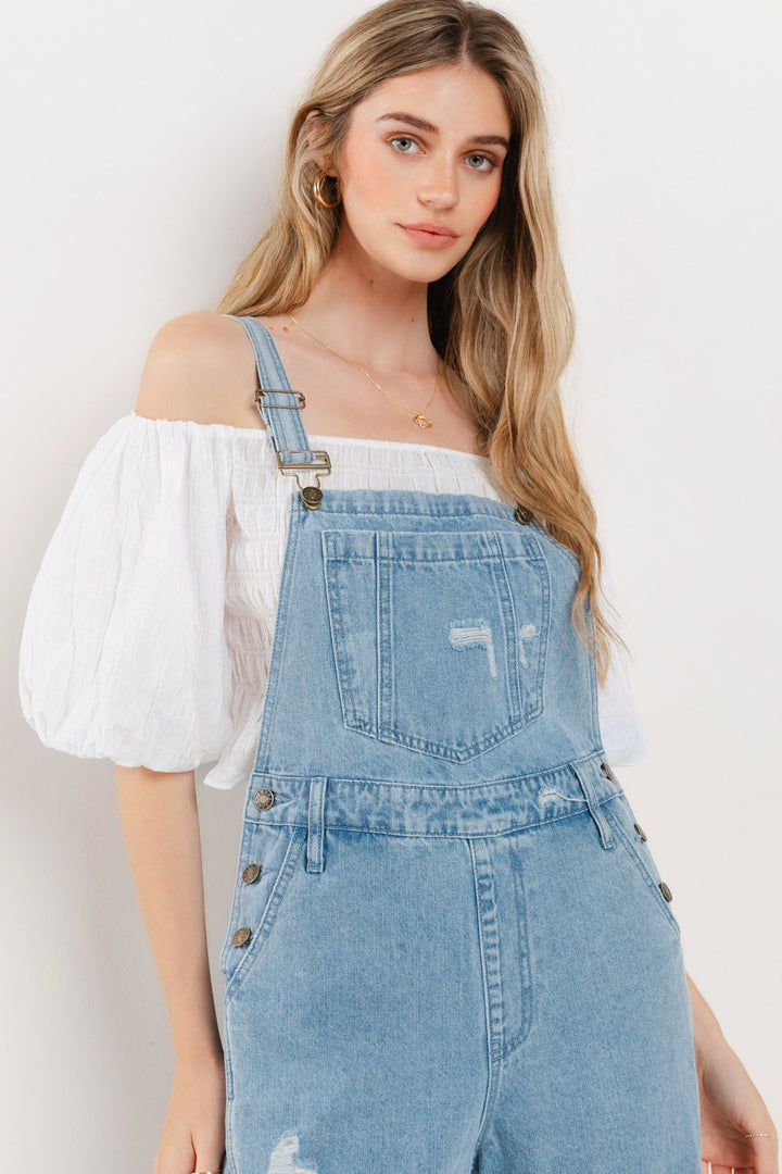 LIGHT DENIM WIDE LEG DISTRESSED BIB OVERALLS