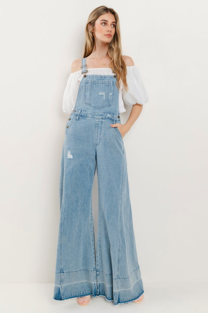 LIGHT DENIM WIDE LEG DISTRESSED BIB OVERALLS