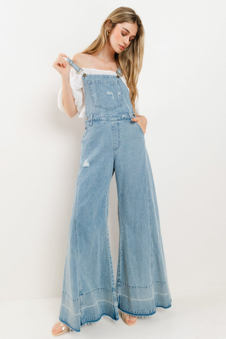 LIGHT DENIM WIDE LEG DISTRESSED BIB OVERALLS