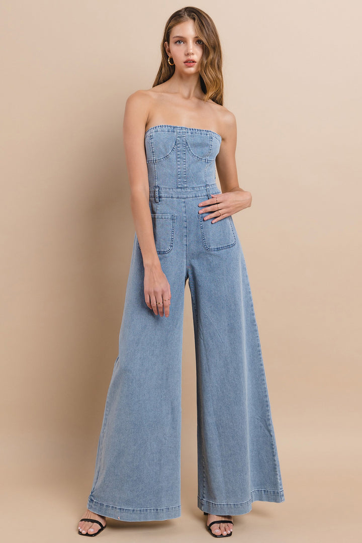 Wide Leg Strapless Light Denim Jumpsuit