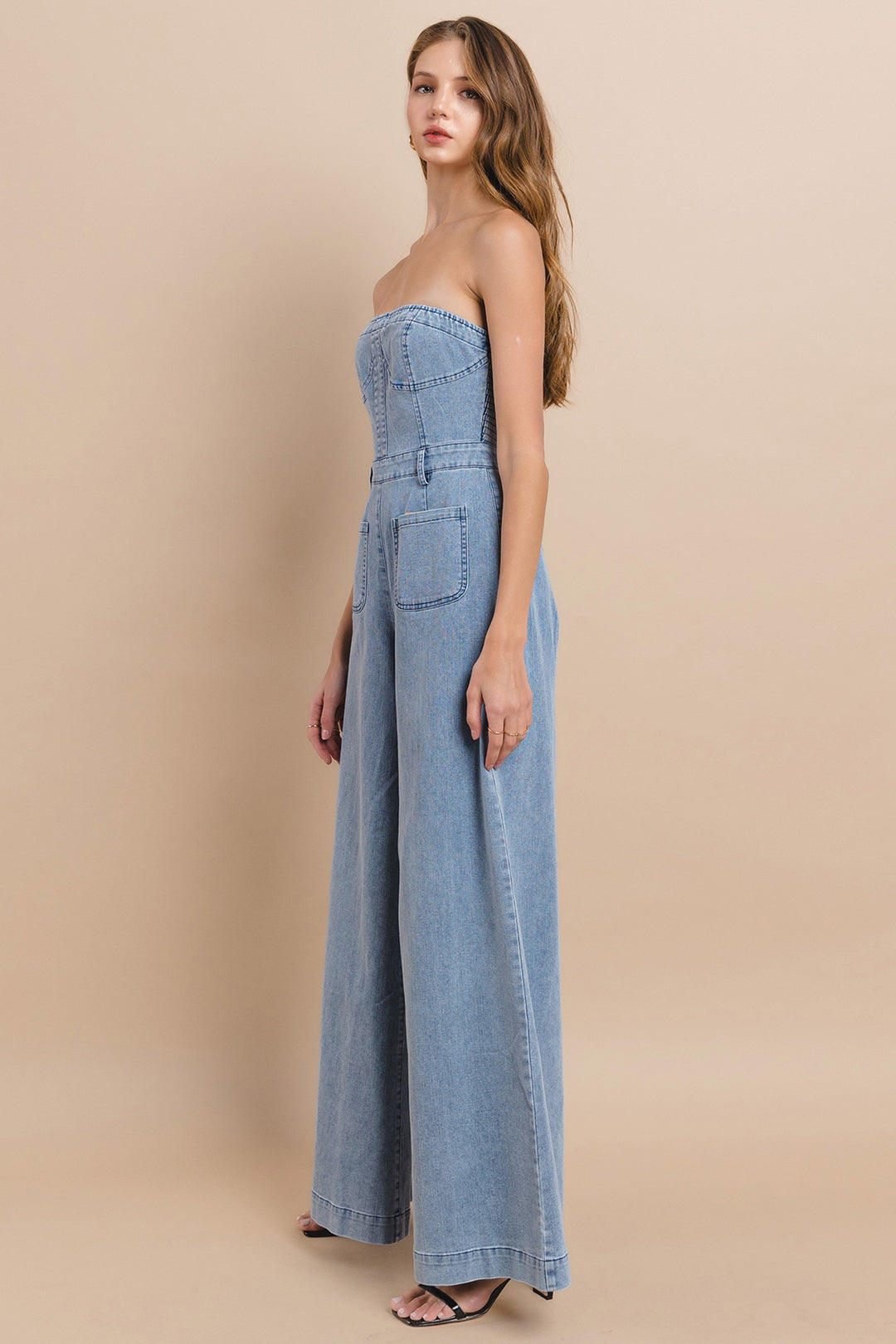 Wide Leg Strapless Light Denim Jumpsuit