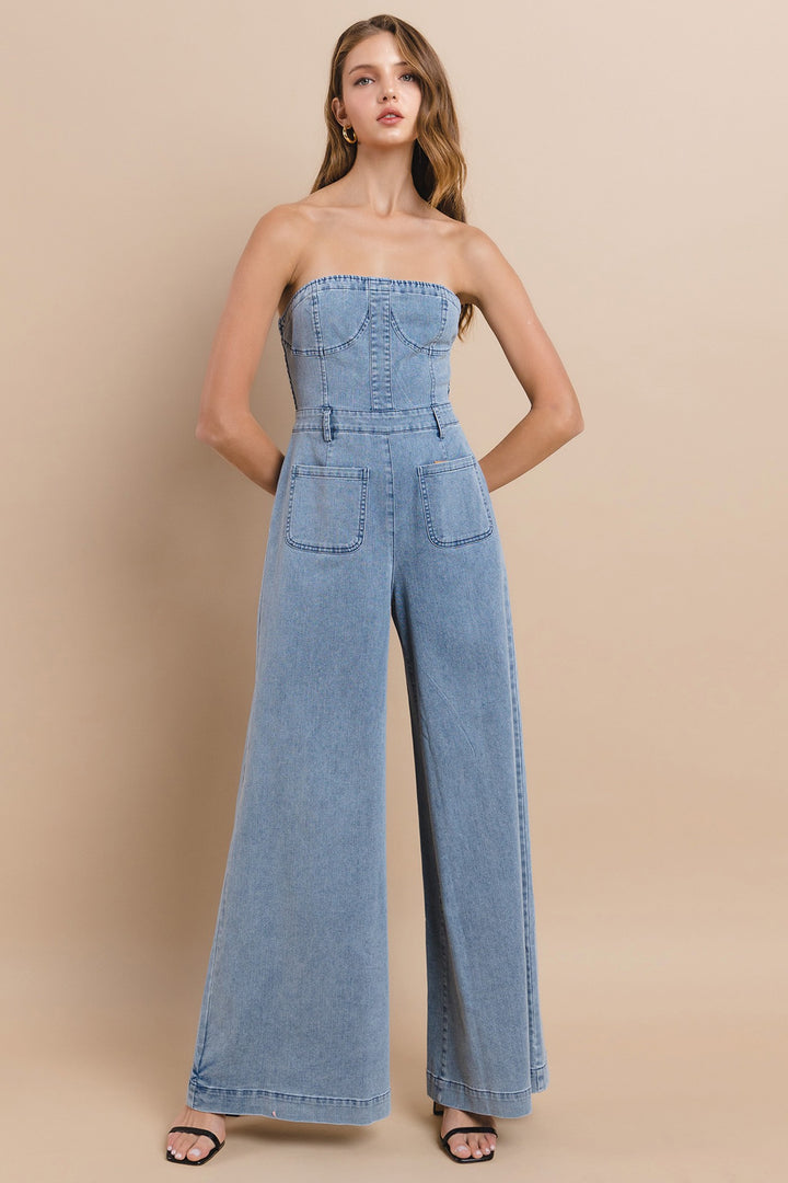 Wide Leg Strapless Light Denim Jumpsuit