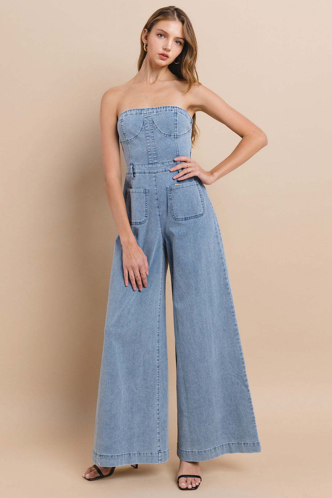 Wide Leg Strapless Light Denim Jumpsuit