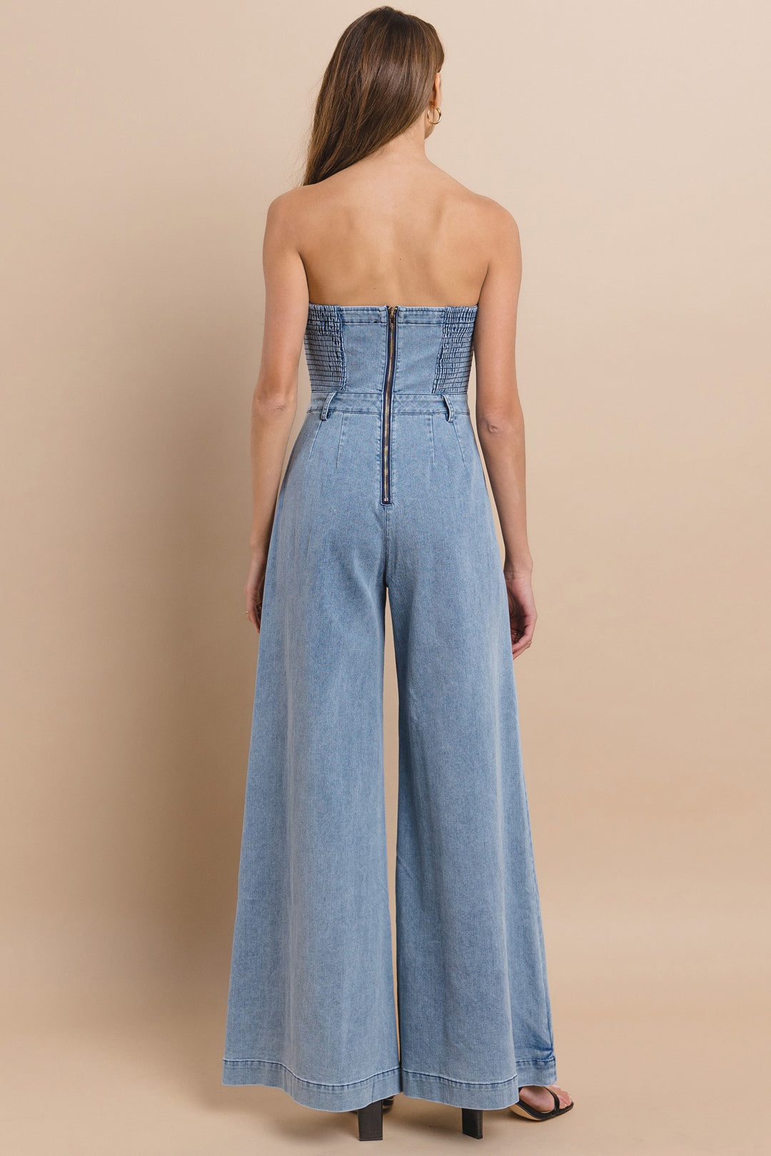 Wide Leg Strapless Light Denim Jumpsuit