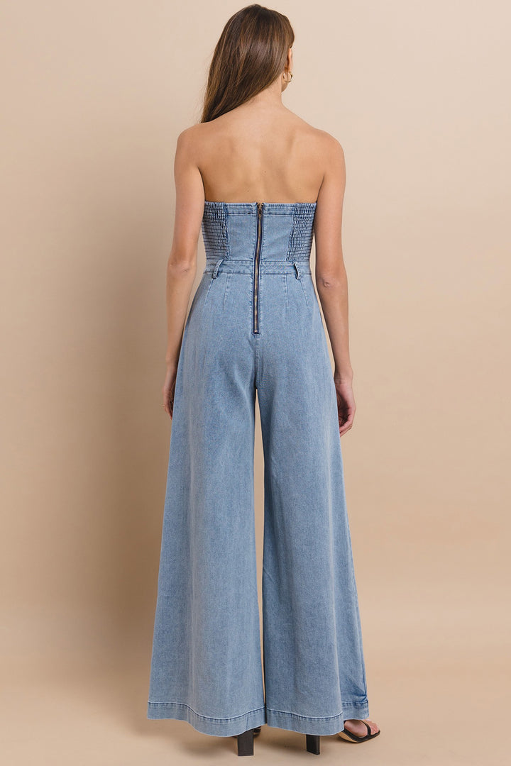 Wide Leg Strapless Light Denim Jumpsuit