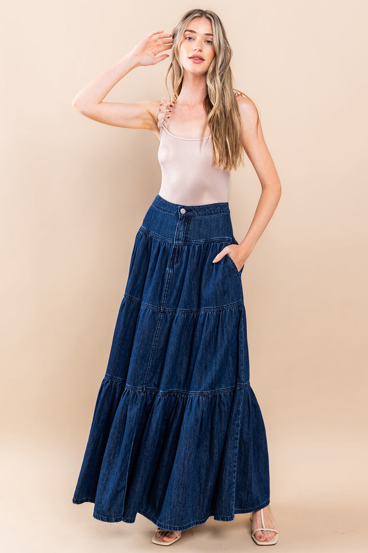 Women’s Boho Dark Denim Maxi Tiered Skirt