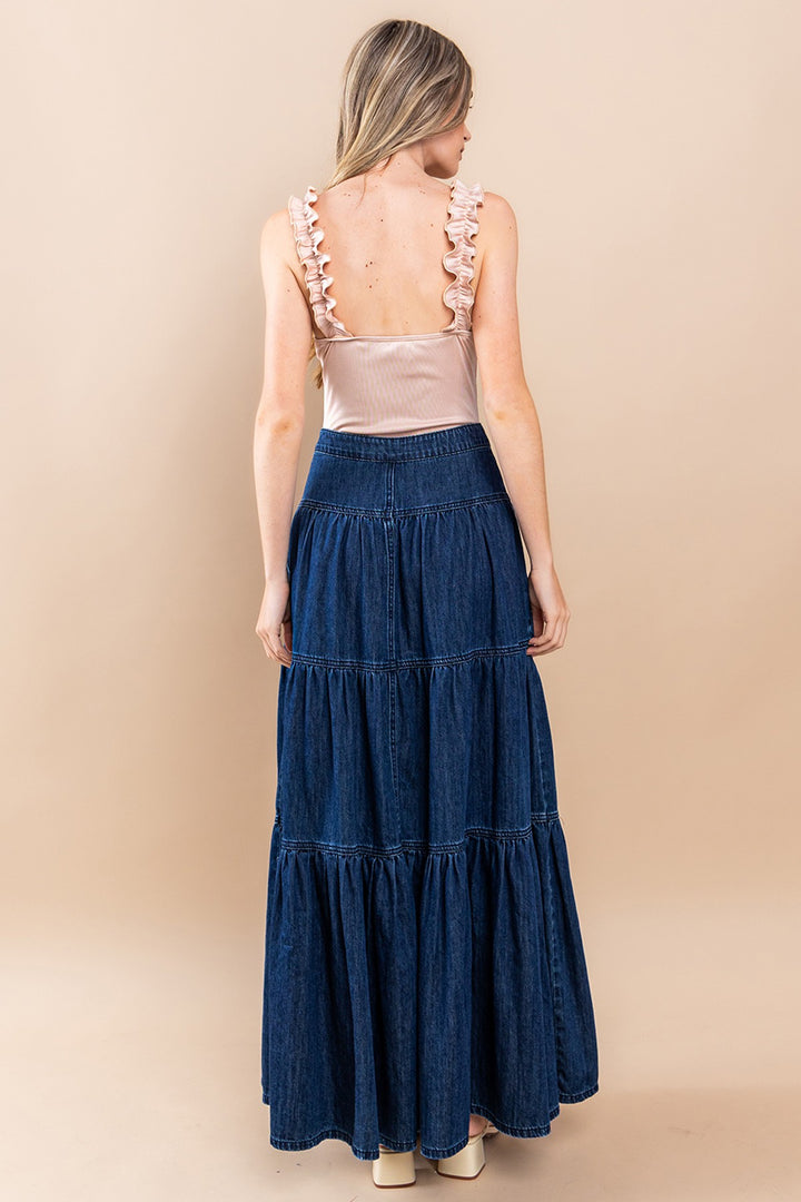 Women’s Boho Dark Denim Maxi Tiered Skirt