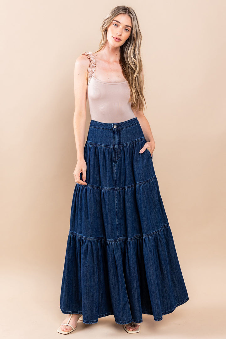 Women’s Boho Dark Denim Maxi Tiered Skirt