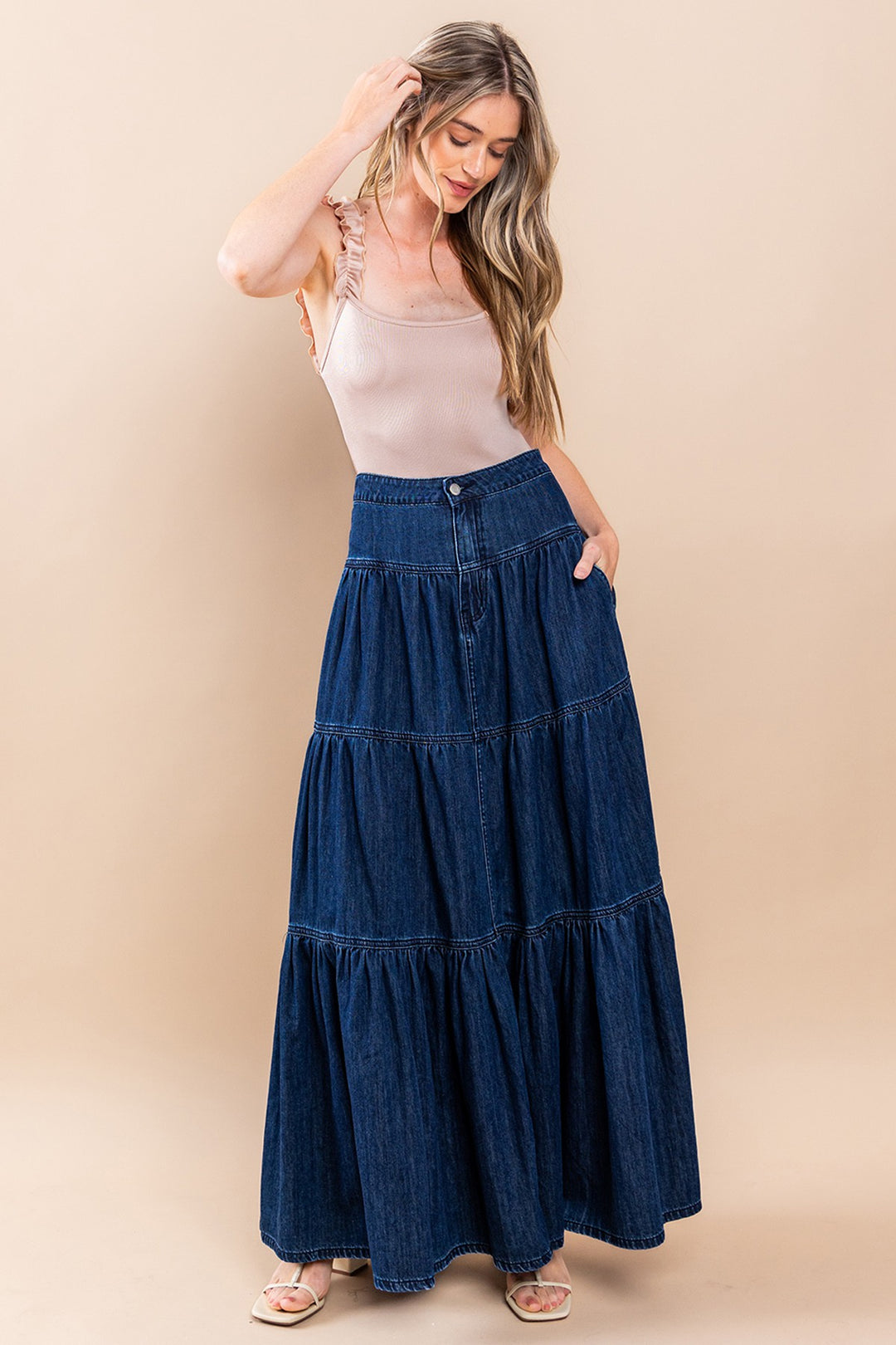 Women’s Boho Dark Denim Maxi Tiered Skirt